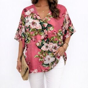 IMAN Global Pink Floral Kimono Sleeve Faux Wrap Blouse‎ Women's L Open Shoulder